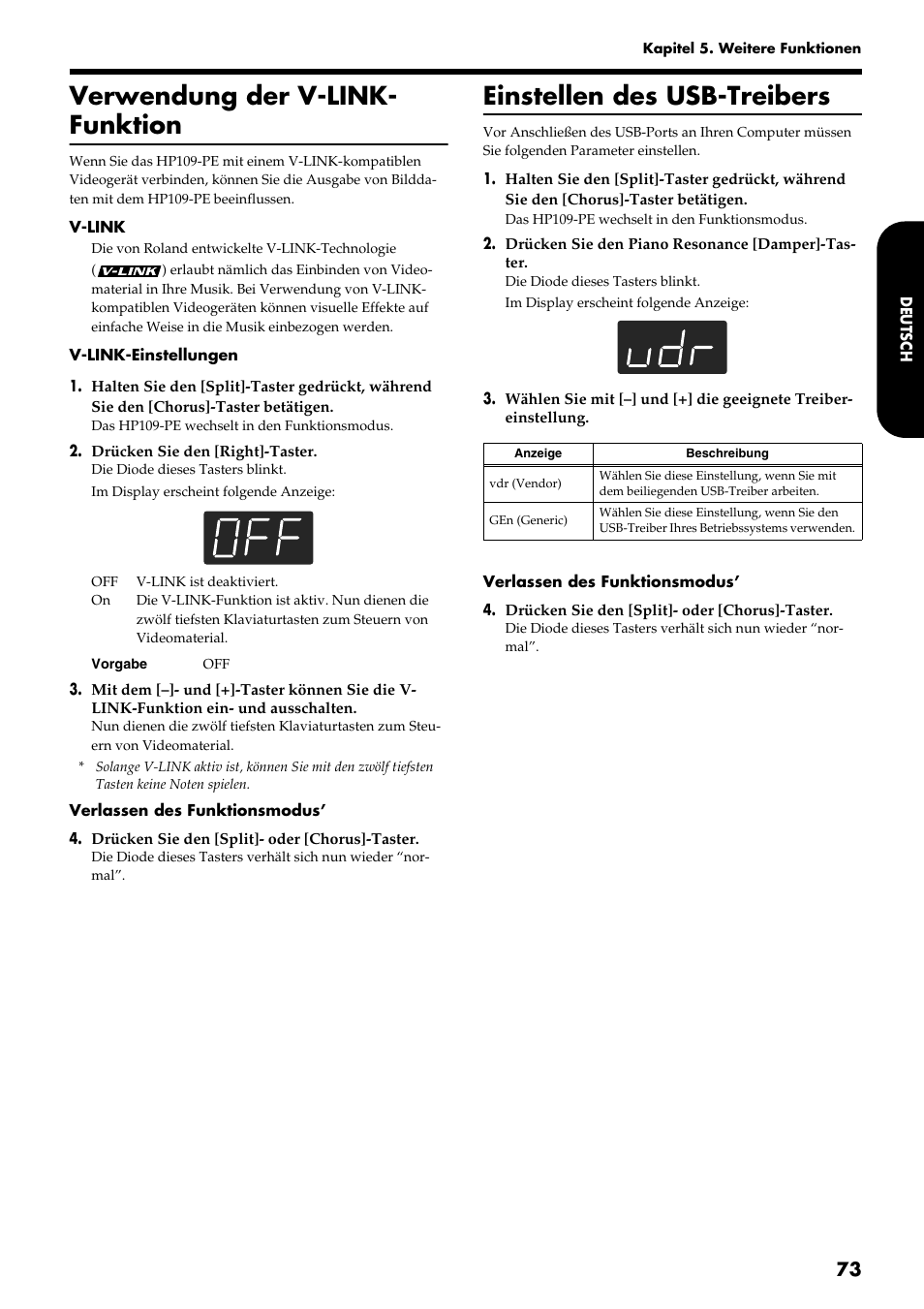 Verwendung der v-link- funktion, Einstellen des usb-treibers | Roland HP109-PE User Manual | Page 75 / 250