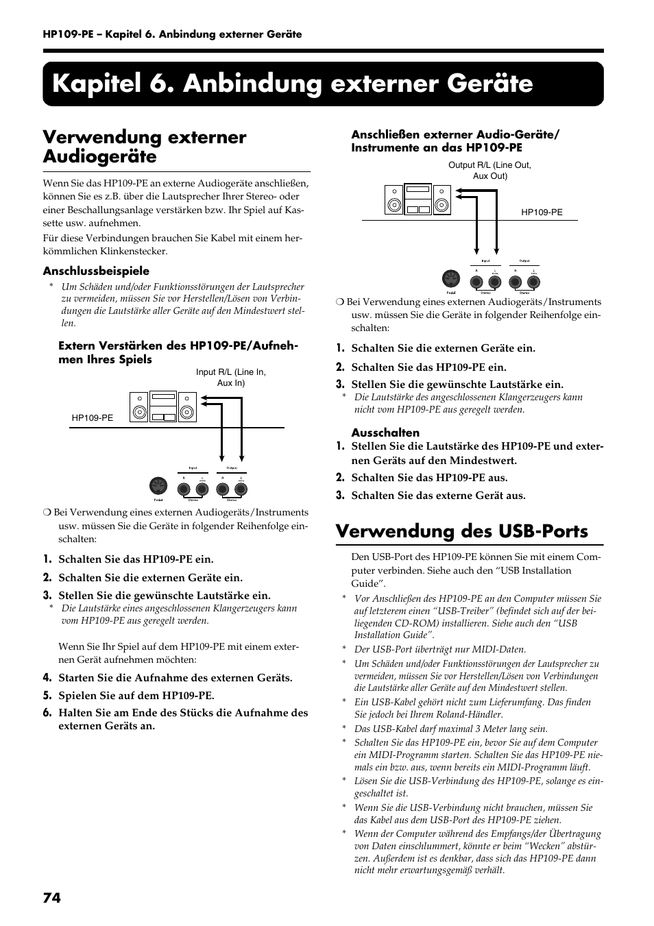 Kapitel 6. anbindung externer geräte, Verwendung externer audiogeräte, Verwendung des usb-ports | Roland HP109-PE User Manual | Page 76 / 250