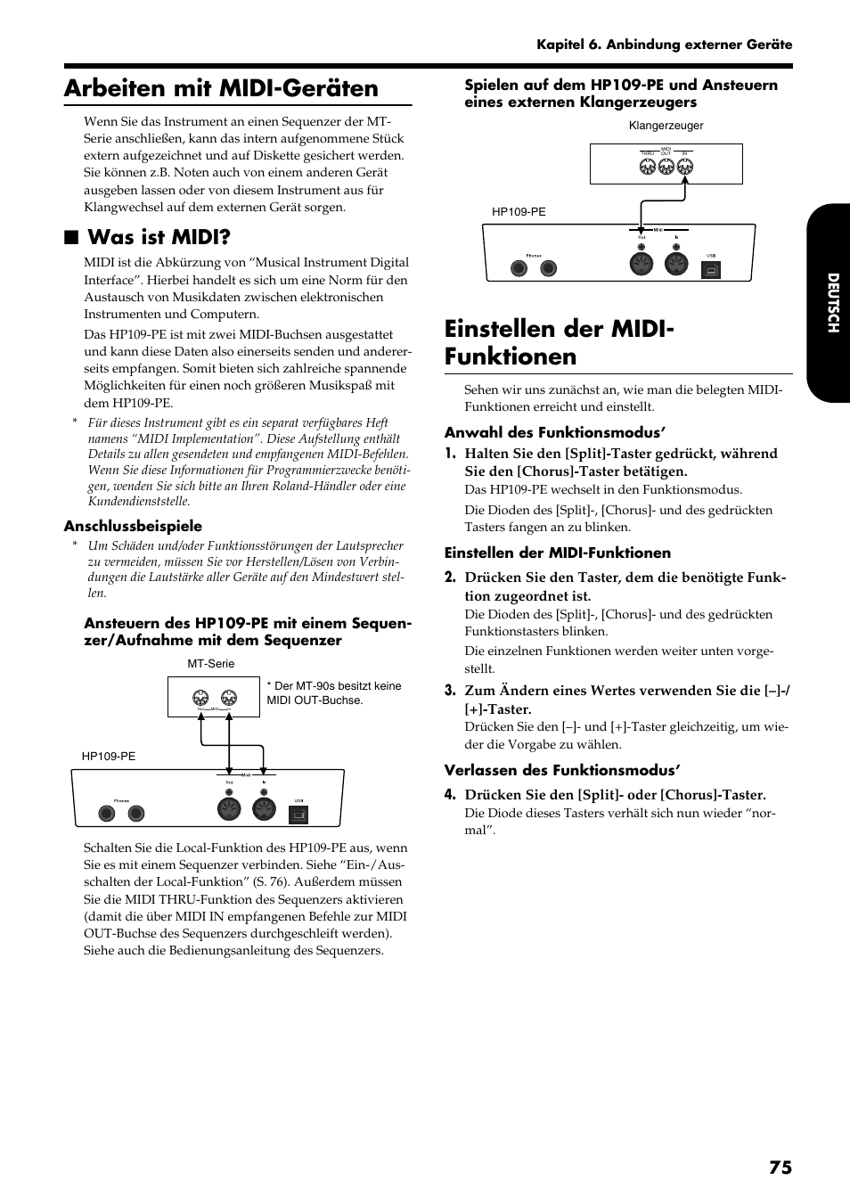 Arbeiten mit midi-geräten, Einstellen der midi- funktionen, Was ist midi | Roland HP109-PE User Manual | Page 77 / 250
