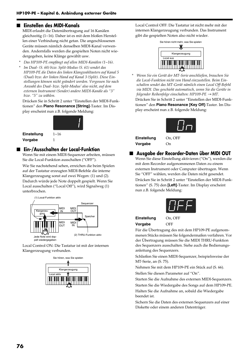 76 ■ einstellen des midi-kanals, Ein-/ausschalten der local-funktion, Ausgabe der recorder-daten über midi out | Roland HP109-PE User Manual | Page 78 / 250