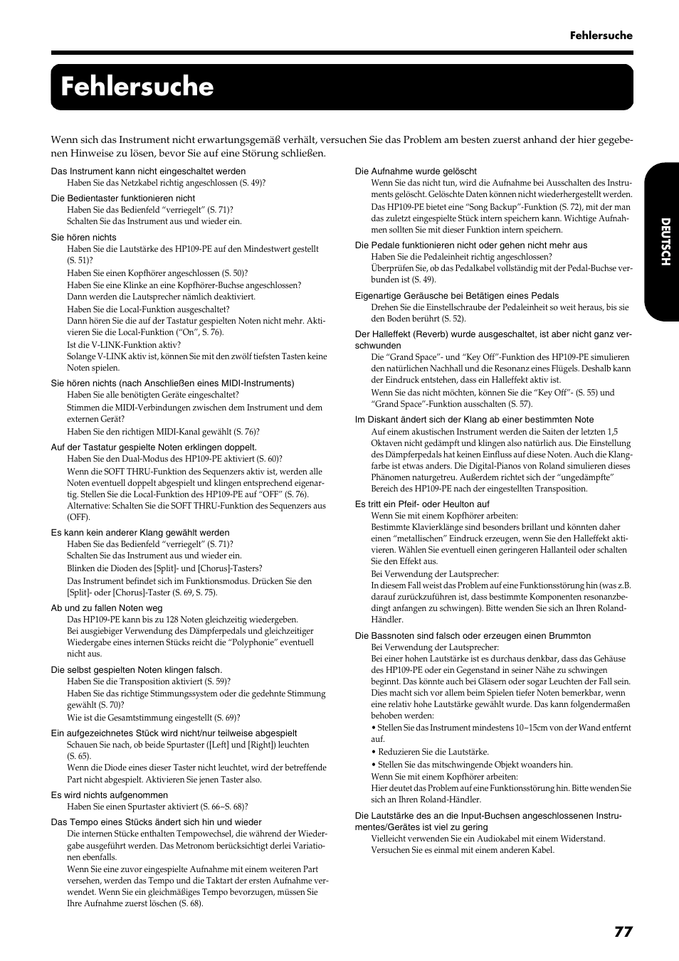 Fehlersuche | Roland HP109-PE User Manual | Page 79 / 250