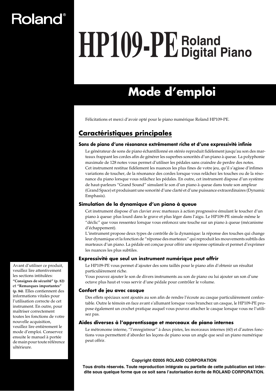 Hp109-pe, Roland digital piano, Mode d’emploi | Roland HP109-PE User Manual | Page 83 / 250