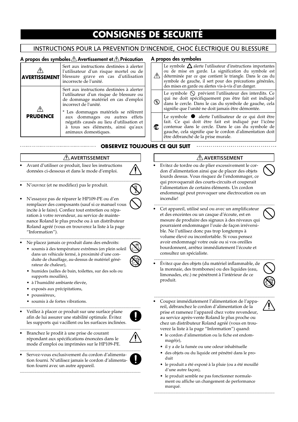 Consignes de securité | Roland HP109-PE User Manual | Page 84 / 250