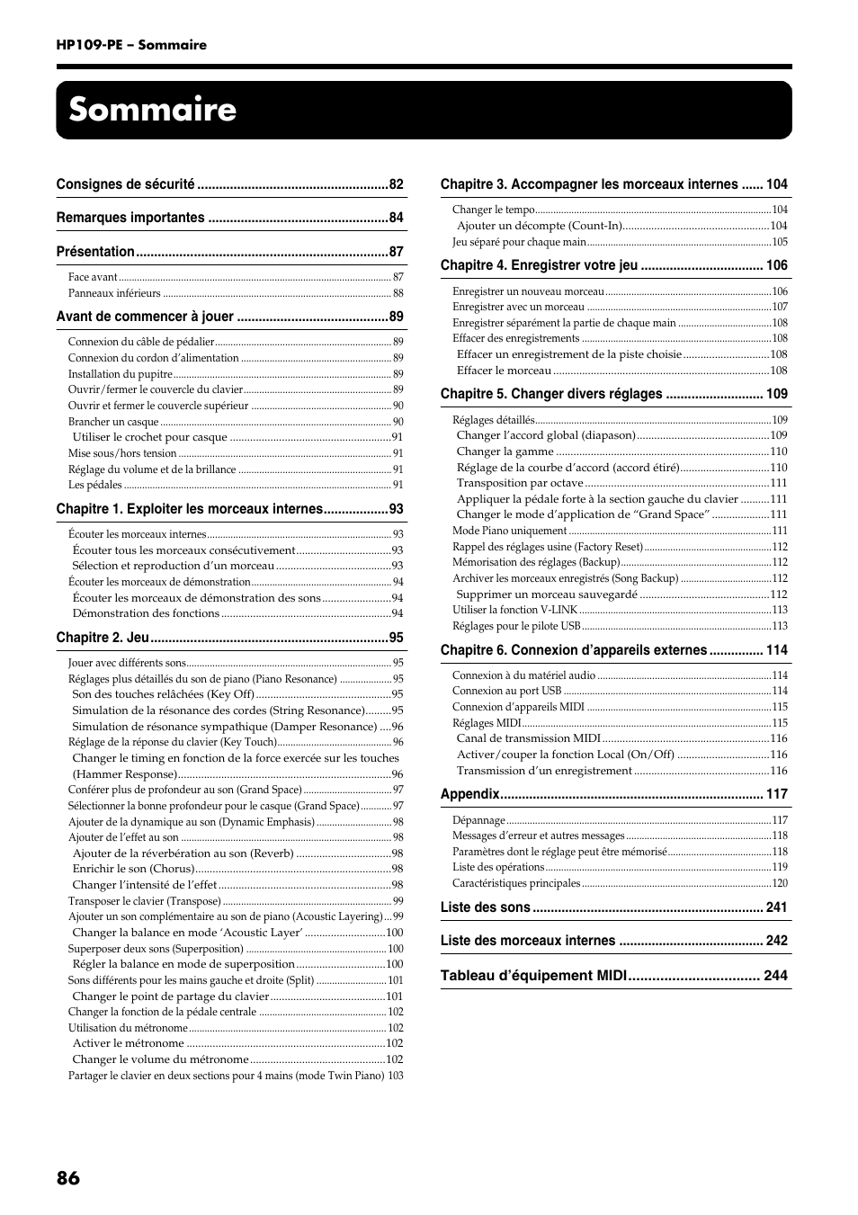 Sommaire | Roland HP109-PE User Manual | Page 88 / 250