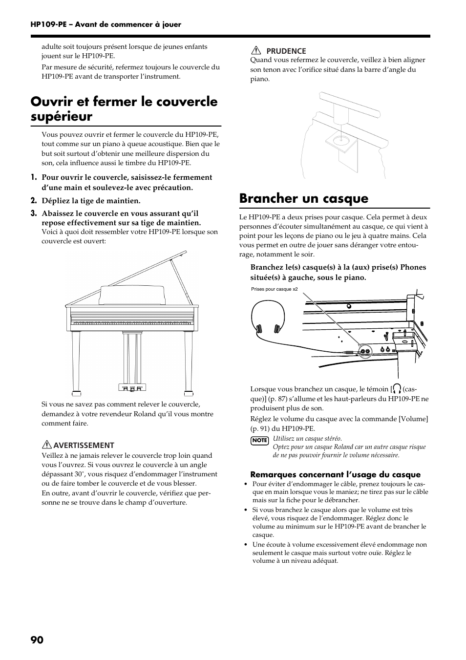 Ouvrir et fermer le couvercle supérieur, Brancher un casque | Roland HP109-PE User Manual | Page 92 / 250