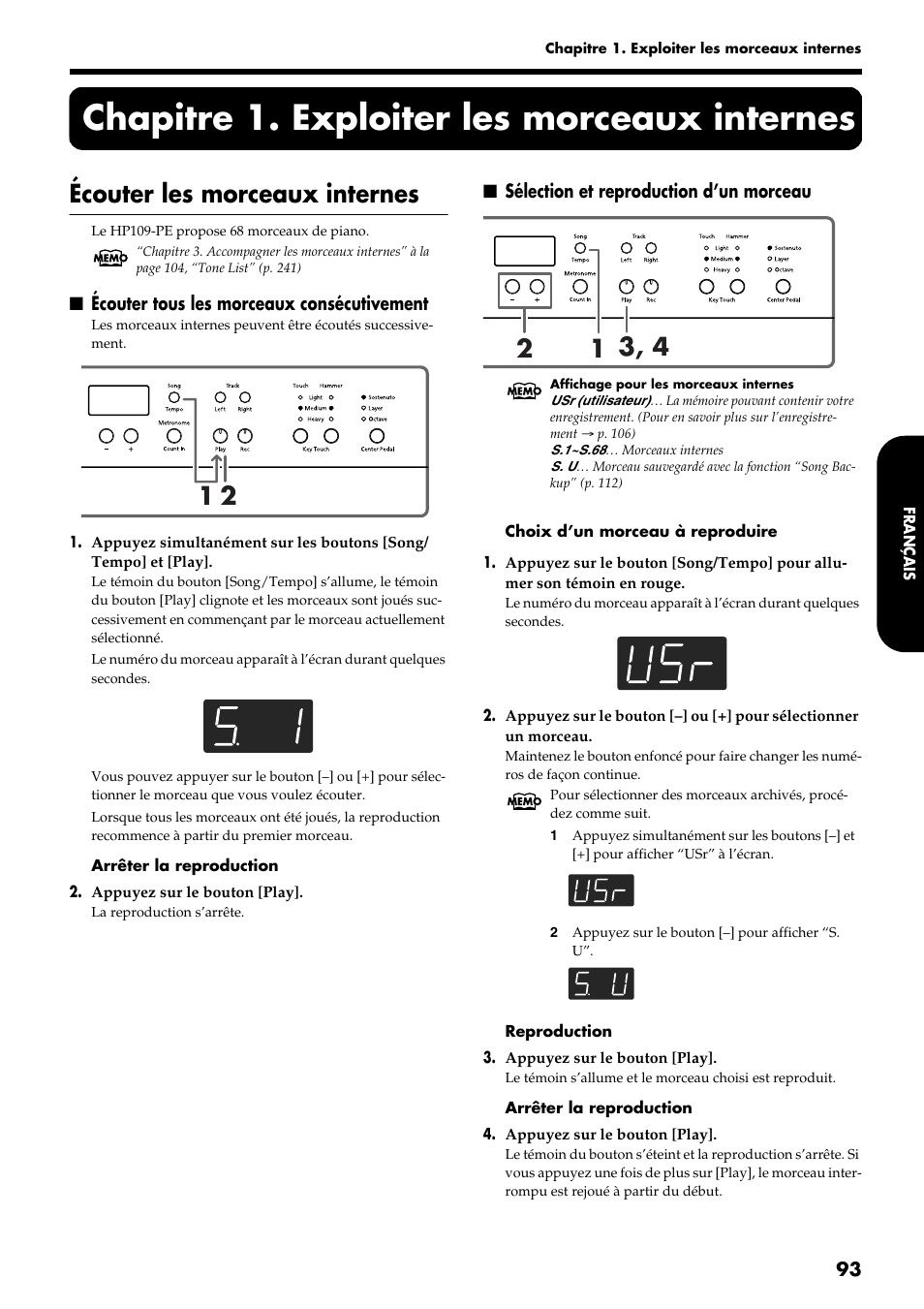 Chapitre 1. exploiter les morceaux internes, Écouter les morceaux internes | Roland HP109-PE User Manual | Page 95 / 250