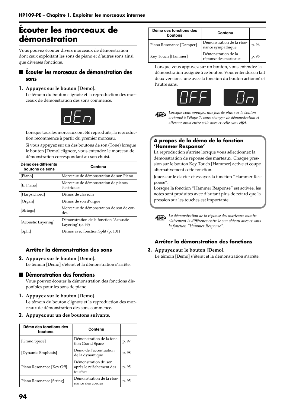 Écouter les morceaux de démonstration, Écouter les morceaux de démonstration des sons, Démonstration des fonctions | Roland HP109-PE User Manual | Page 96 / 250
