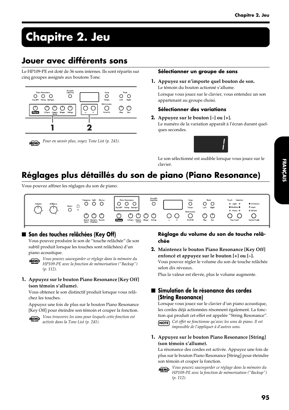 Chapitre 2. jeu, Jouer avec différents sons | Roland HP109-PE User Manual | Page 97 / 250