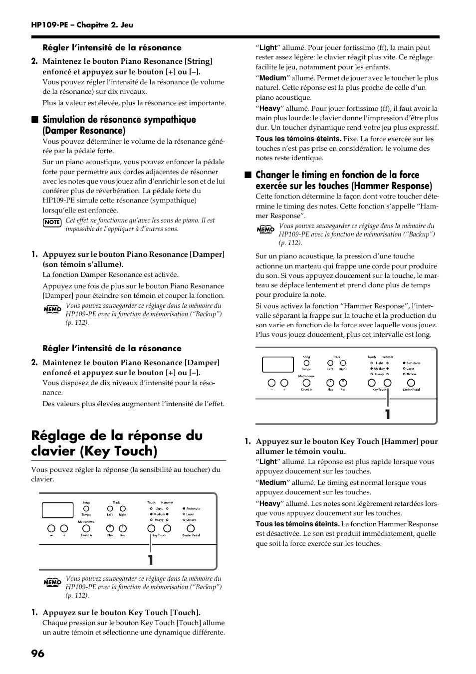 Réglage de la réponse du clavier (key touch) | Roland HP109-PE User Manual | Page 98 / 250