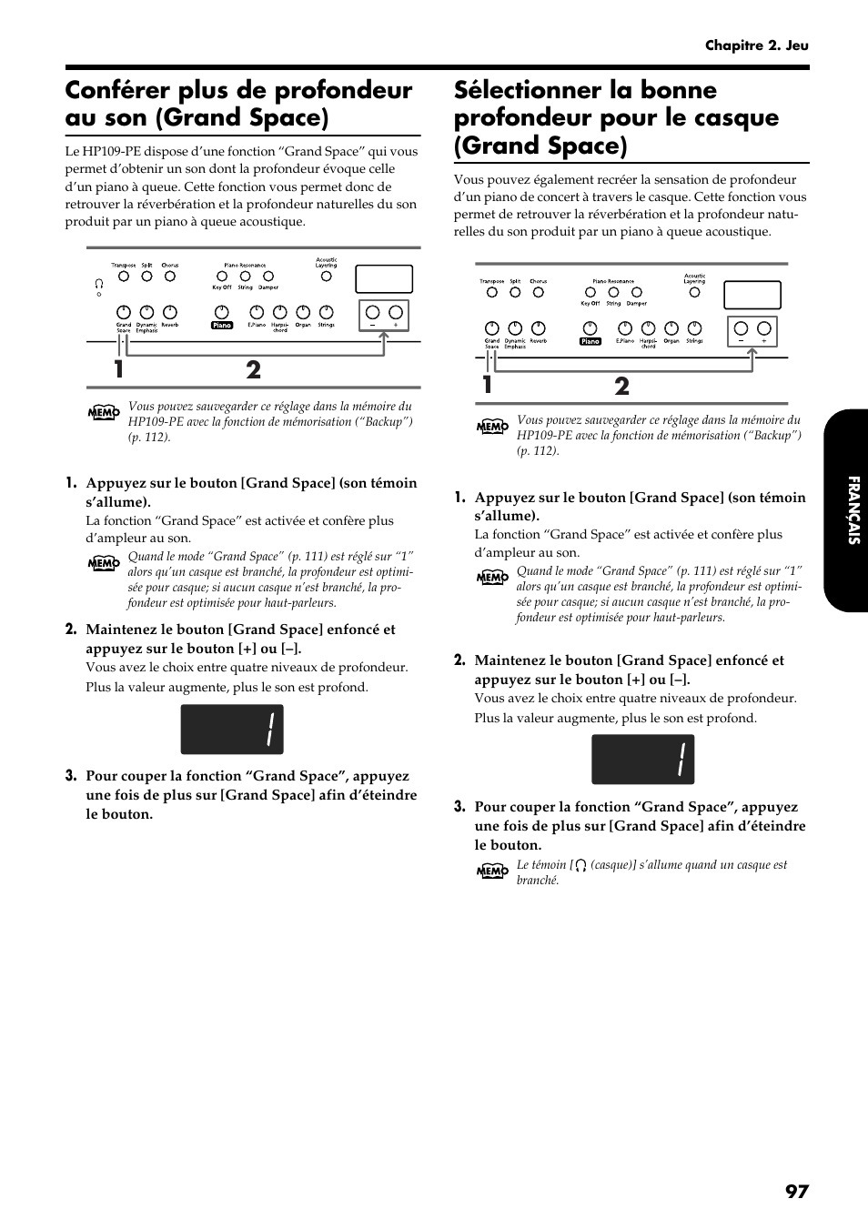 Conférer plus de profondeur au son (grand space) | Roland HP109-PE User Manual | Page 99 / 250