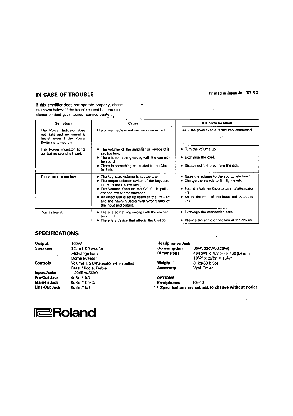 Output, Controls, Headphones jack | Weight, Options, Specifications | Roland CK-100 User Manual | Page 4 / 4