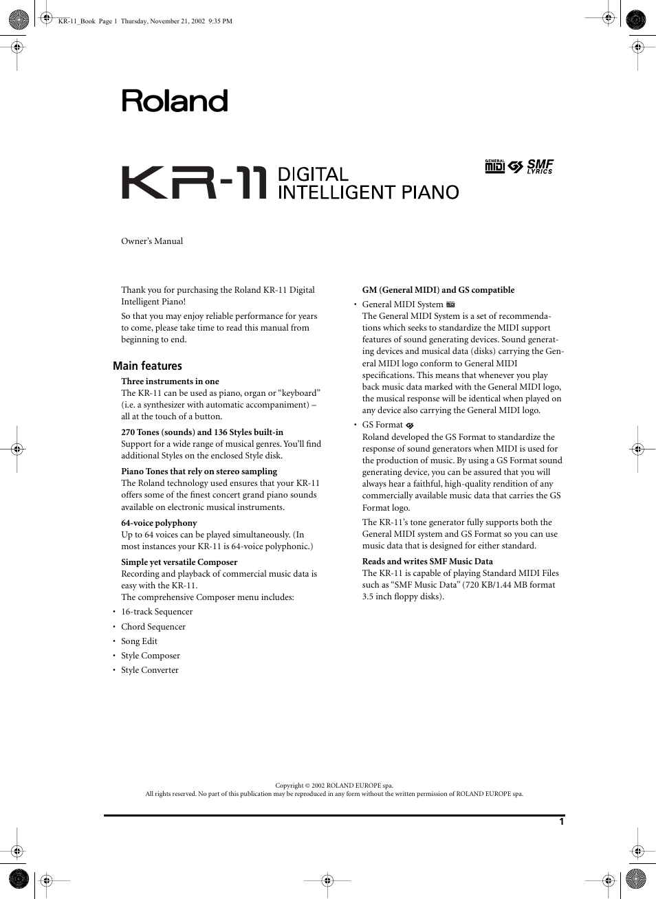 Roland KR-11 User Manual | 64 pages