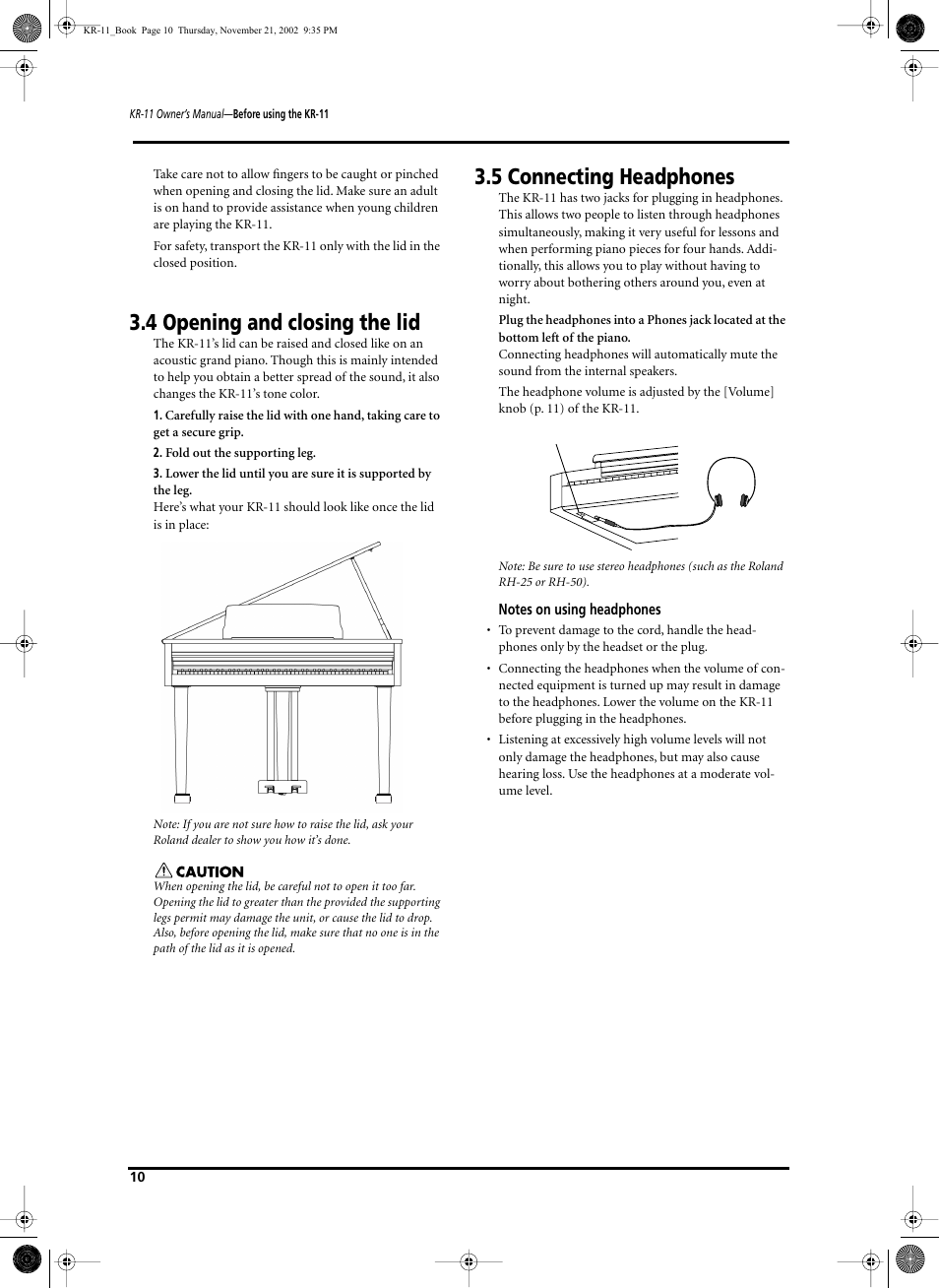 4 opening and closing the lid, 5 connecting headphones | Roland KR-11 User Manual | Page 10 / 64