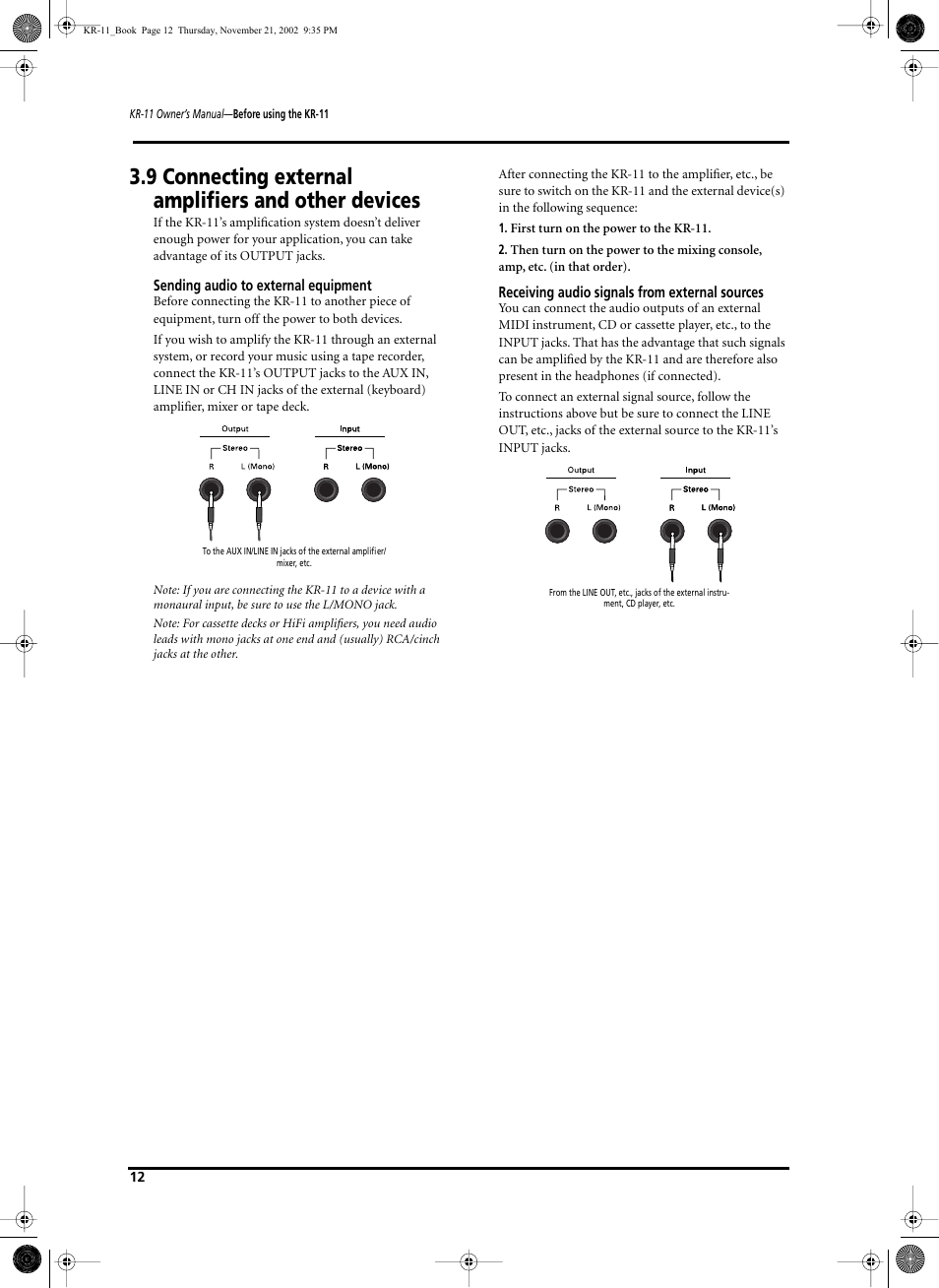 9 connecting external amplifiers and other devices | Roland KR-11 User Manual | Page 12 / 64