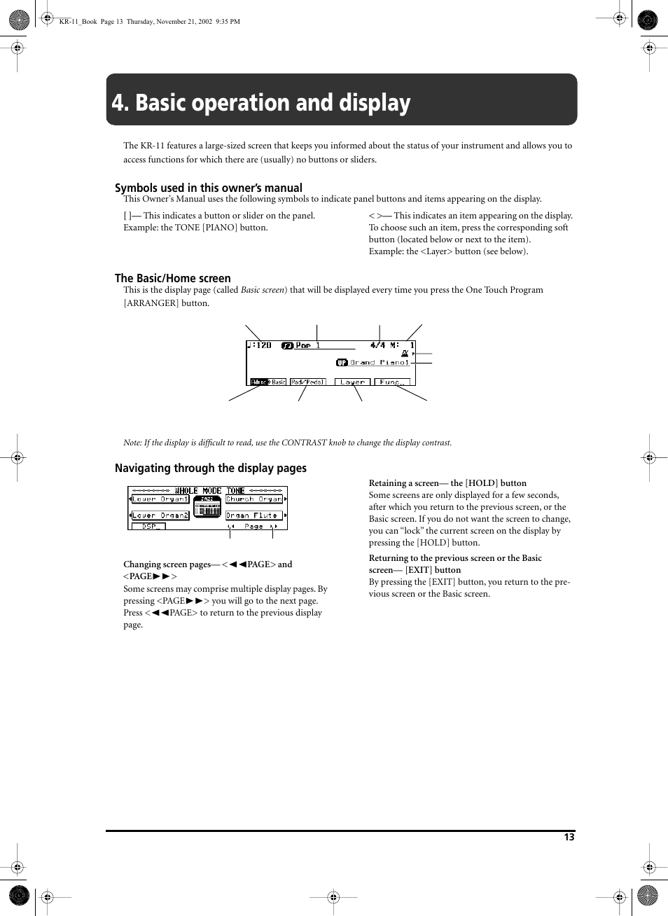 Basic operation and display, Symbols used in this owner’s manual, The basic/home screen | Navigating through the display pages | Roland KR-11 User Manual | Page 13 / 64