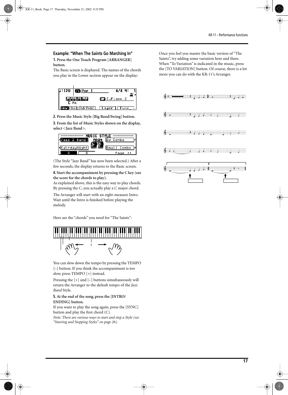 English, English example: “when the saints go marching in, When the saints go marching in | Kr-11 – performance functions | Roland KR-11 User Manual | Page 17 / 64