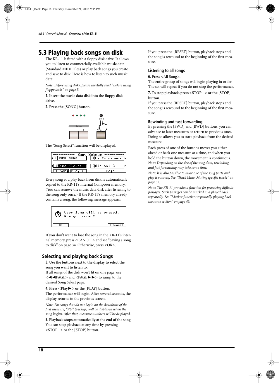 3 playing back songs on disk, Selecting and playing back songs | Roland KR-11 User Manual | Page 18 / 64