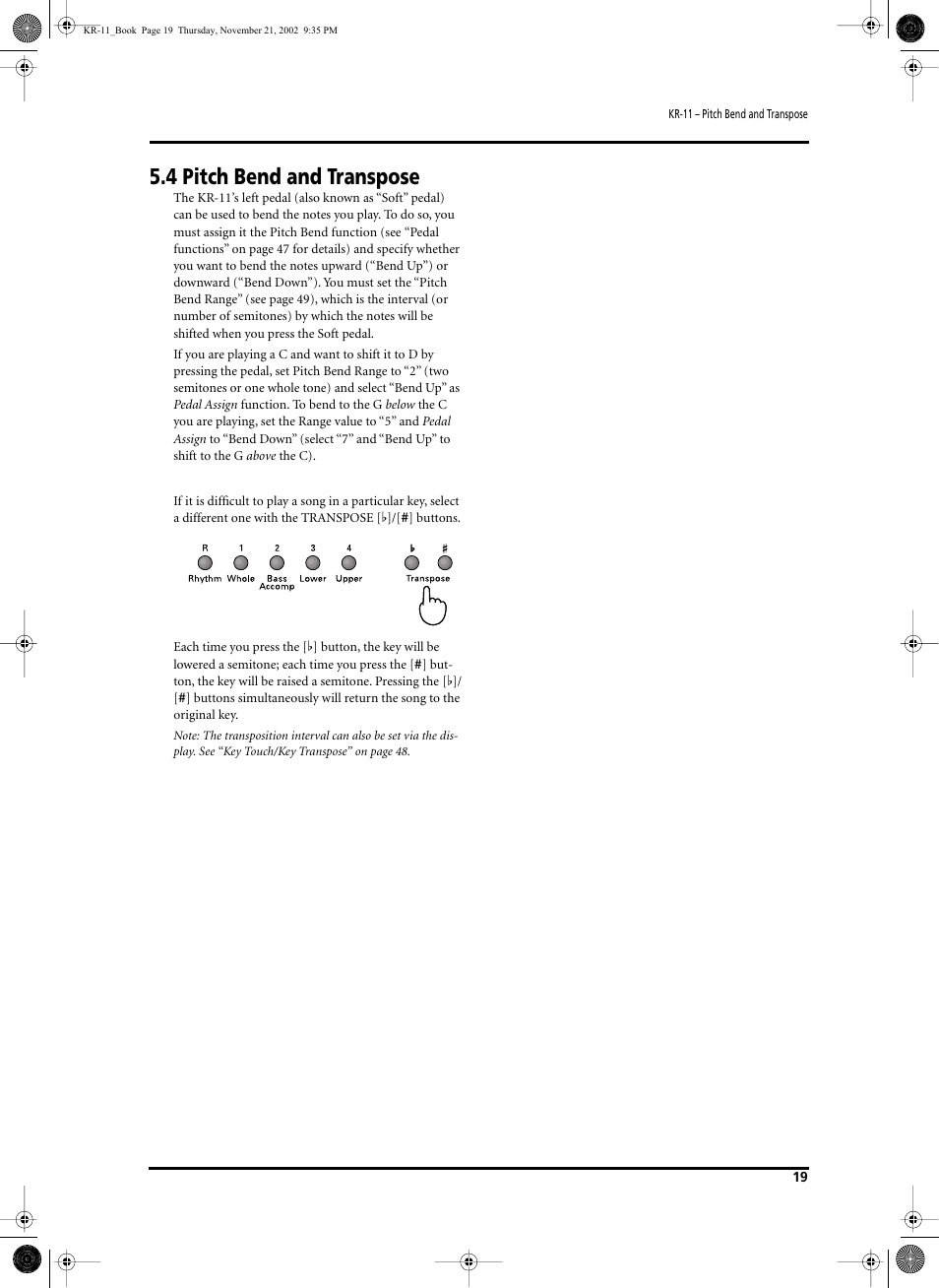 4 pitch bend and transpose | Roland KR-11 User Manual | Page 19 / 64