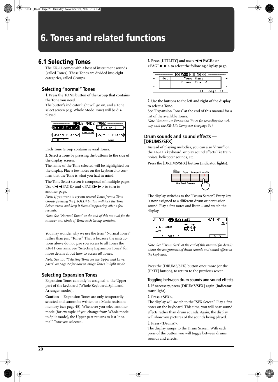 Tones and related functions, 1 selecting tones | Roland KR-11 User Manual | Page 20 / 64