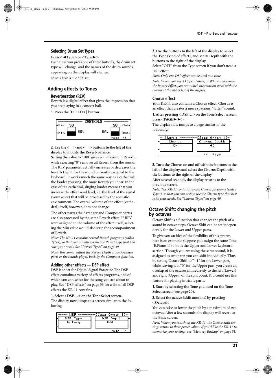 Adding effects to tones, Octave shift: changing the pitch by octaves | Roland KR-11 User Manual | Page 21 / 64