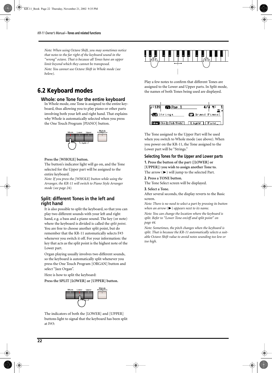 2 keyboard modes, Whole: one tone for the entire keyboard, Split: different tones in the left and right hand | Roland KR-11 User Manual | Page 22 / 64