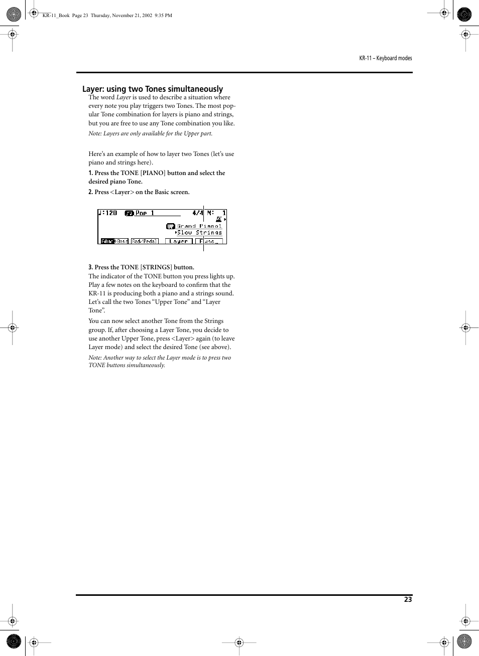 Layer: using two tones simultaneously | Roland KR-11 User Manual | Page 23 / 64