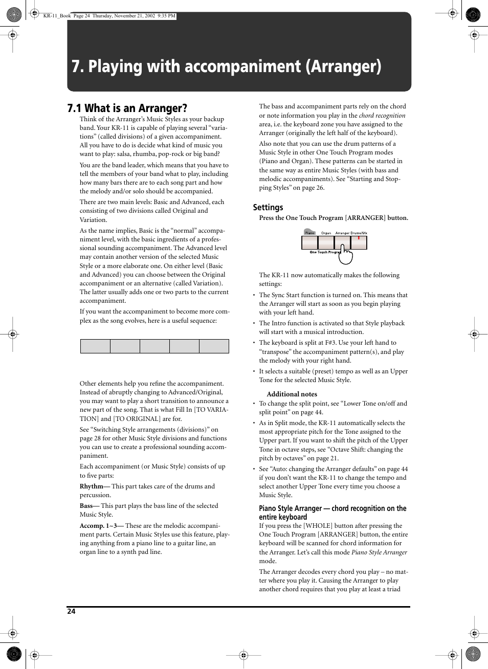 Playing with accompaniment (arranger), 1 what is an arranger, Settings | Roland KR-11 User Manual | Page 24 / 64