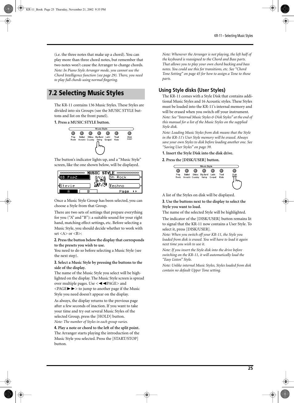 2 selecting music styles, Using style disks (user styles) | Roland KR-11 User Manual | Page 25 / 64