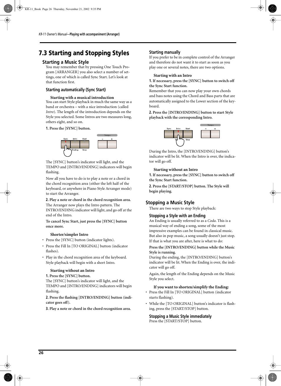 3 starting and stopping styles | Roland KR-11 User Manual | Page 26 / 64