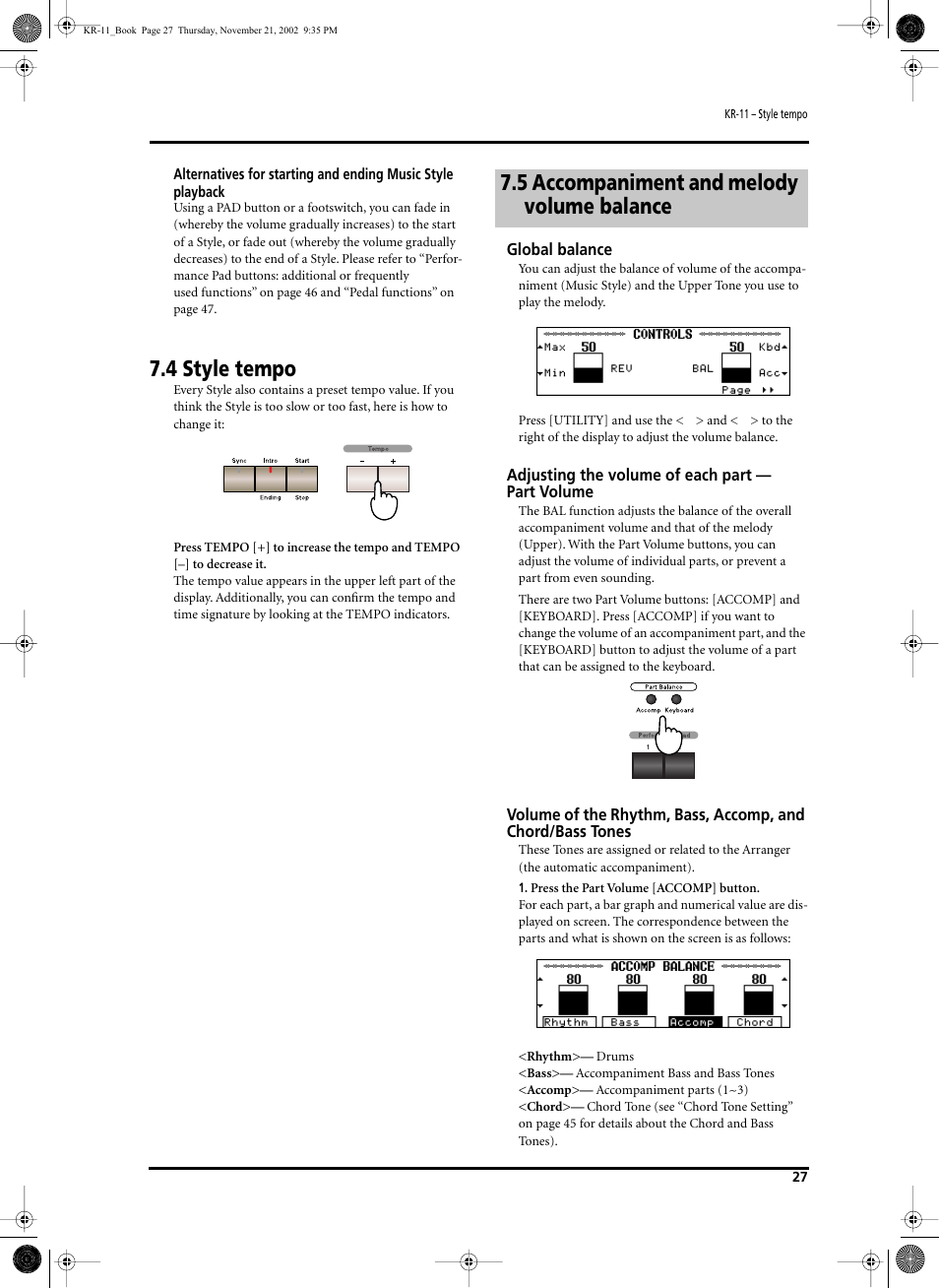 4 style tempo, 5 accompaniment and melody volume balance | Roland KR-11 User Manual | Page 27 / 64