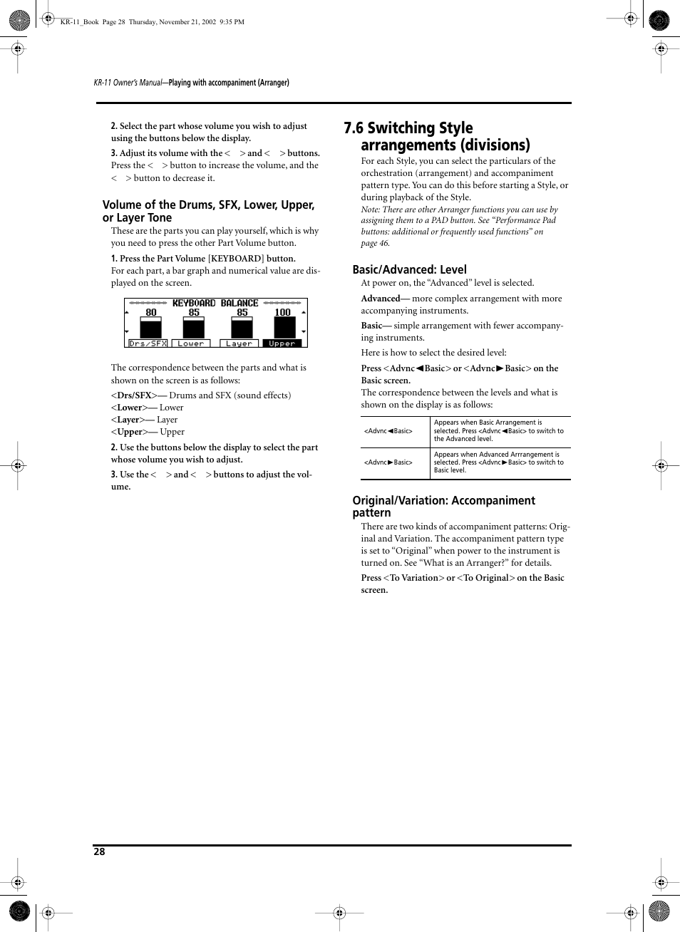 6 switching style arrangements (divisions), Basic/advanced: level, Original/variation: accompaniment pattern | Roland KR-11 User Manual | Page 28 / 64