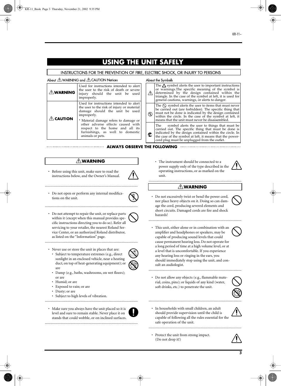 English | Roland KR-11 User Manual | Page 3 / 64