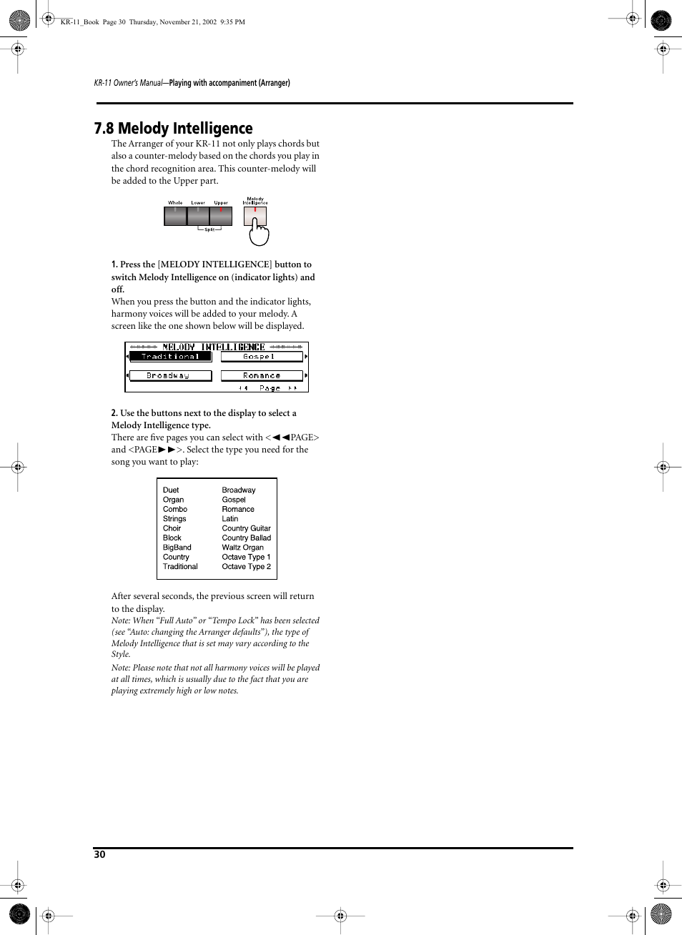 8 melody intelligence | Roland KR-11 User Manual | Page 30 / 64