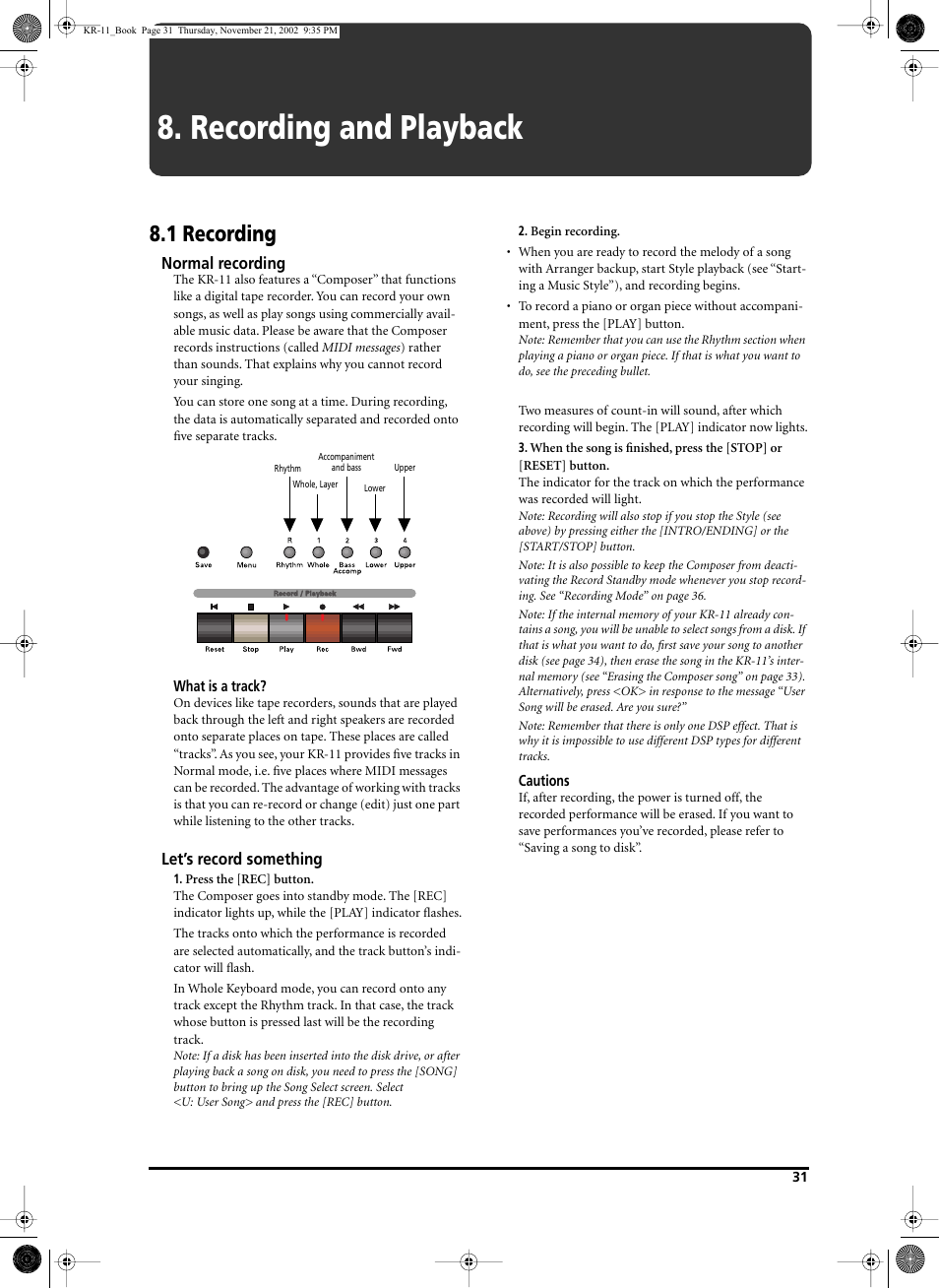 Recording and playback, 1 recording | Roland KR-11 User Manual | Page 31 / 64