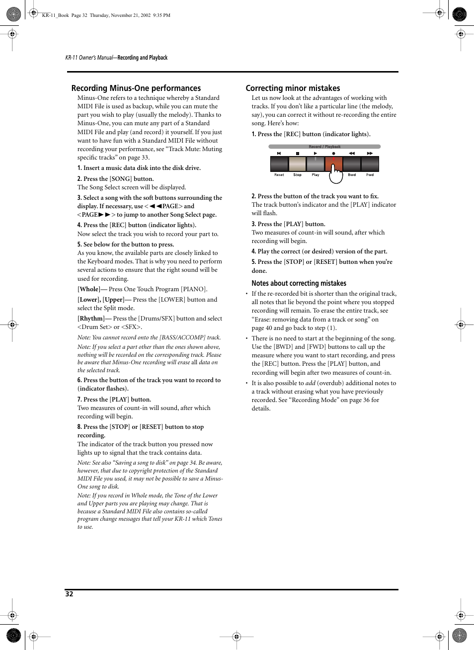 Recording minus-one performances, Correcting minor mistakes | Roland KR-11 User Manual | Page 32 / 64