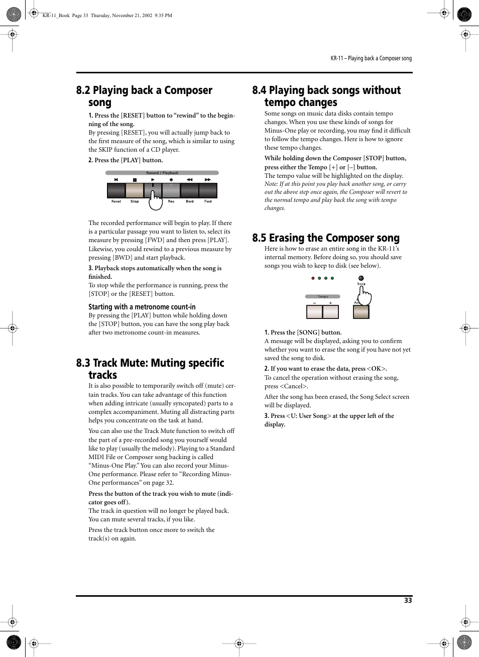 2 playing back a composer song, 3 track mute: muting specific tracks, 4 playing back songs without tempo changes | 5 erasing the composer song | Roland KR-11 User Manual | Page 33 / 64