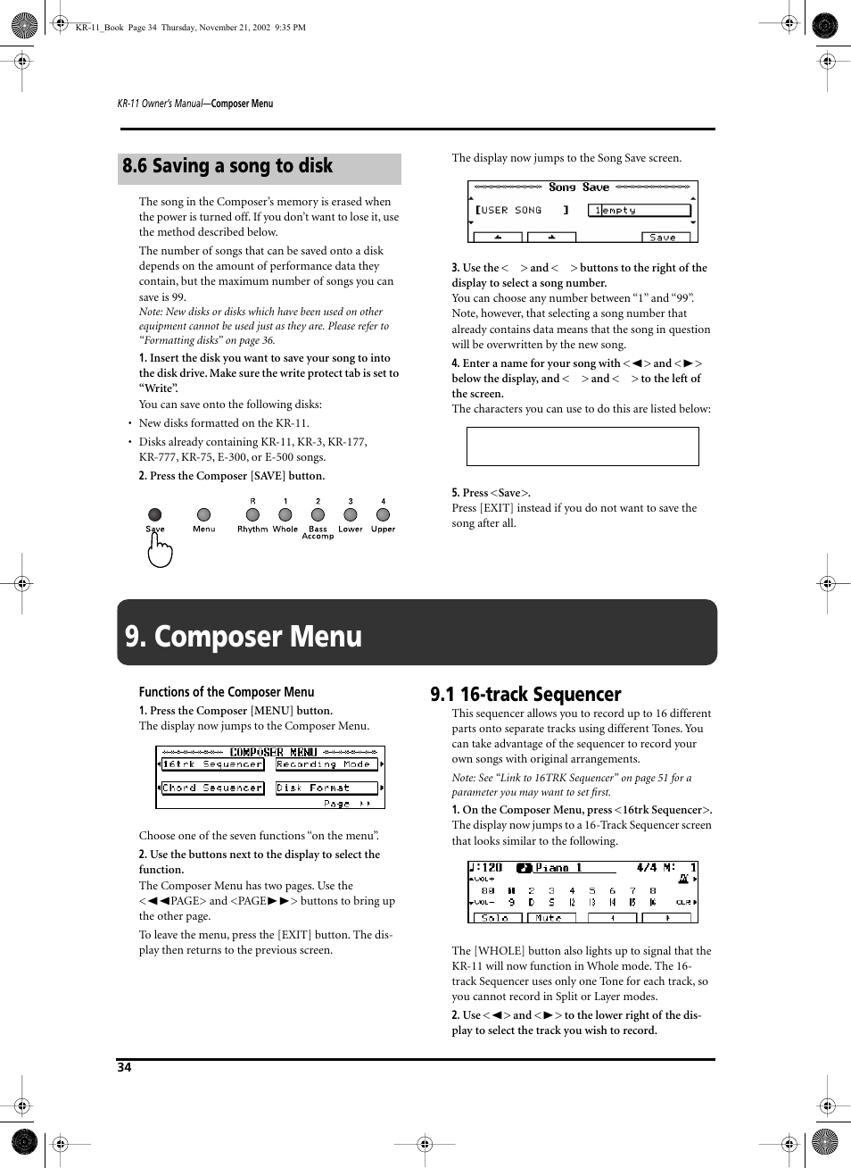 Composer menu, 1 16-track sequencer, 6 saving a song to disk | Roland KR-11 User Manual | Page 34 / 64