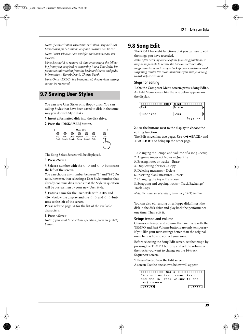 8 song edit, 7 saving user styles | Roland KR-11 User Manual | Page 39 / 64