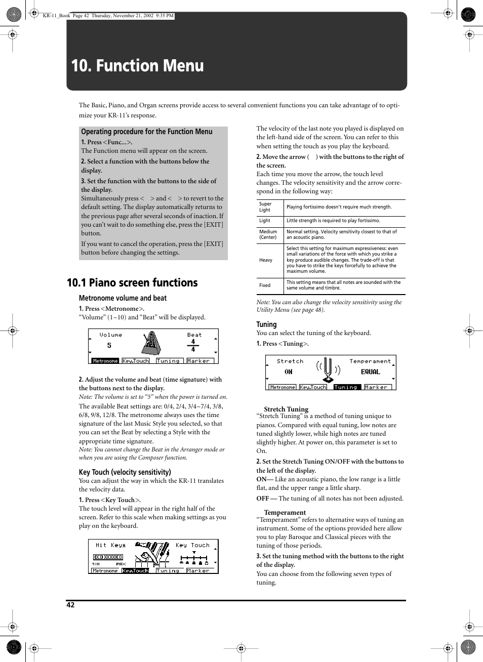 Function menu, 1 piano screen functions | Roland KR-11 User Manual | Page 42 / 64