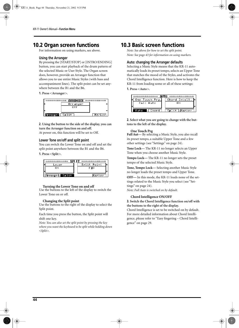 2 organ screen functions, 3 basic screen functions | Roland KR-11 User Manual | Page 44 / 64