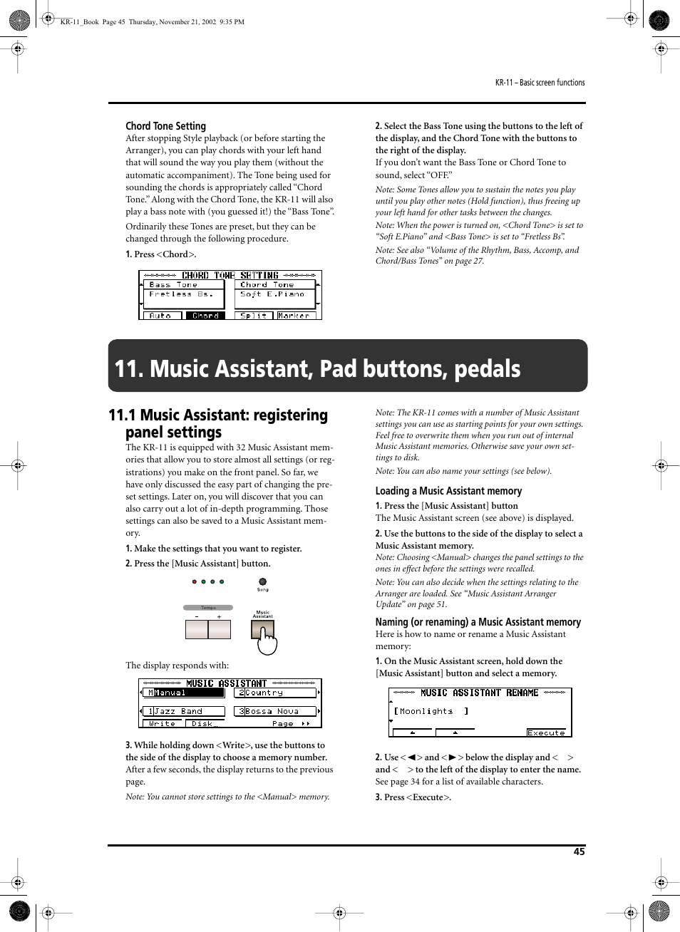 Music assistant, pad buttons, pedals, 1 music assistant: registering panel settings | Roland KR-11 User Manual | Page 45 / 64