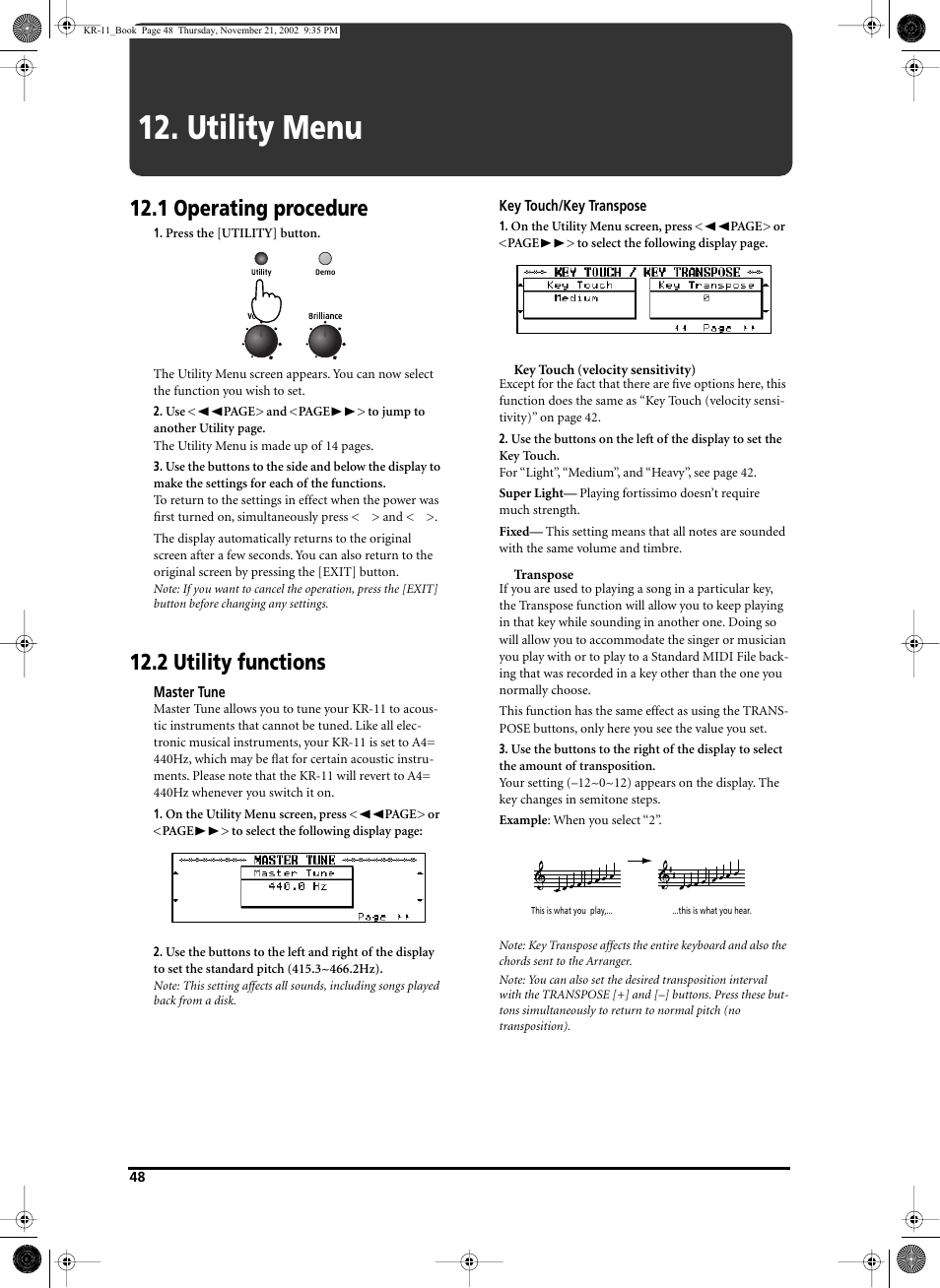 Utility menu, 1 operating procedure, 2 utility functions | Roland KR-11 User Manual | Page 48 / 64