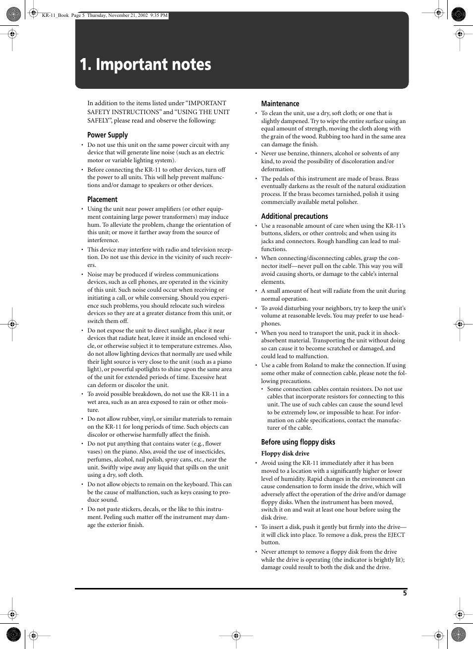 Roland KR-11 User Manual | Page 5 / 64