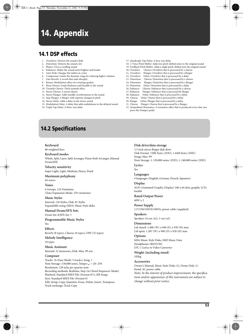 Appendix, 1 dsp effects, 2 specifications | Roland KR-11 User Manual | Page 53 / 64