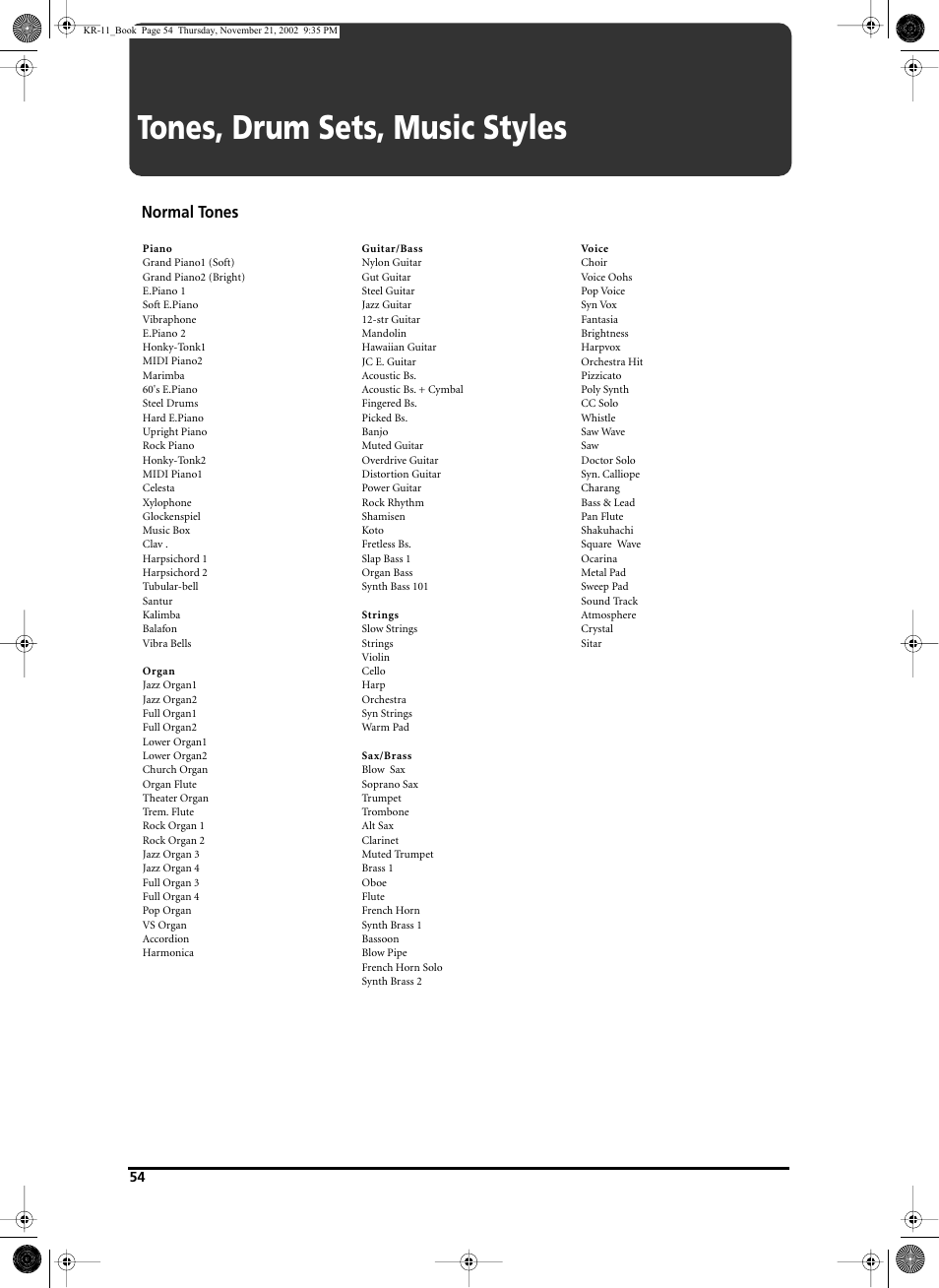 Tones, drum sets, music styles | Roland KR-11 User Manual | Page 54 / 64