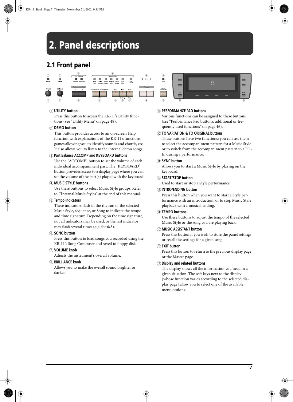 Panel descriptions, 1 front panel | Roland KR-11 User Manual | Page 7 / 64