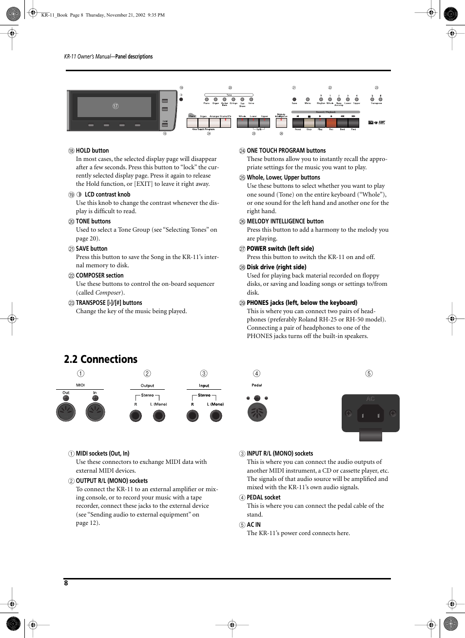 2 connections | Roland KR-11 User Manual | Page 8 / 64