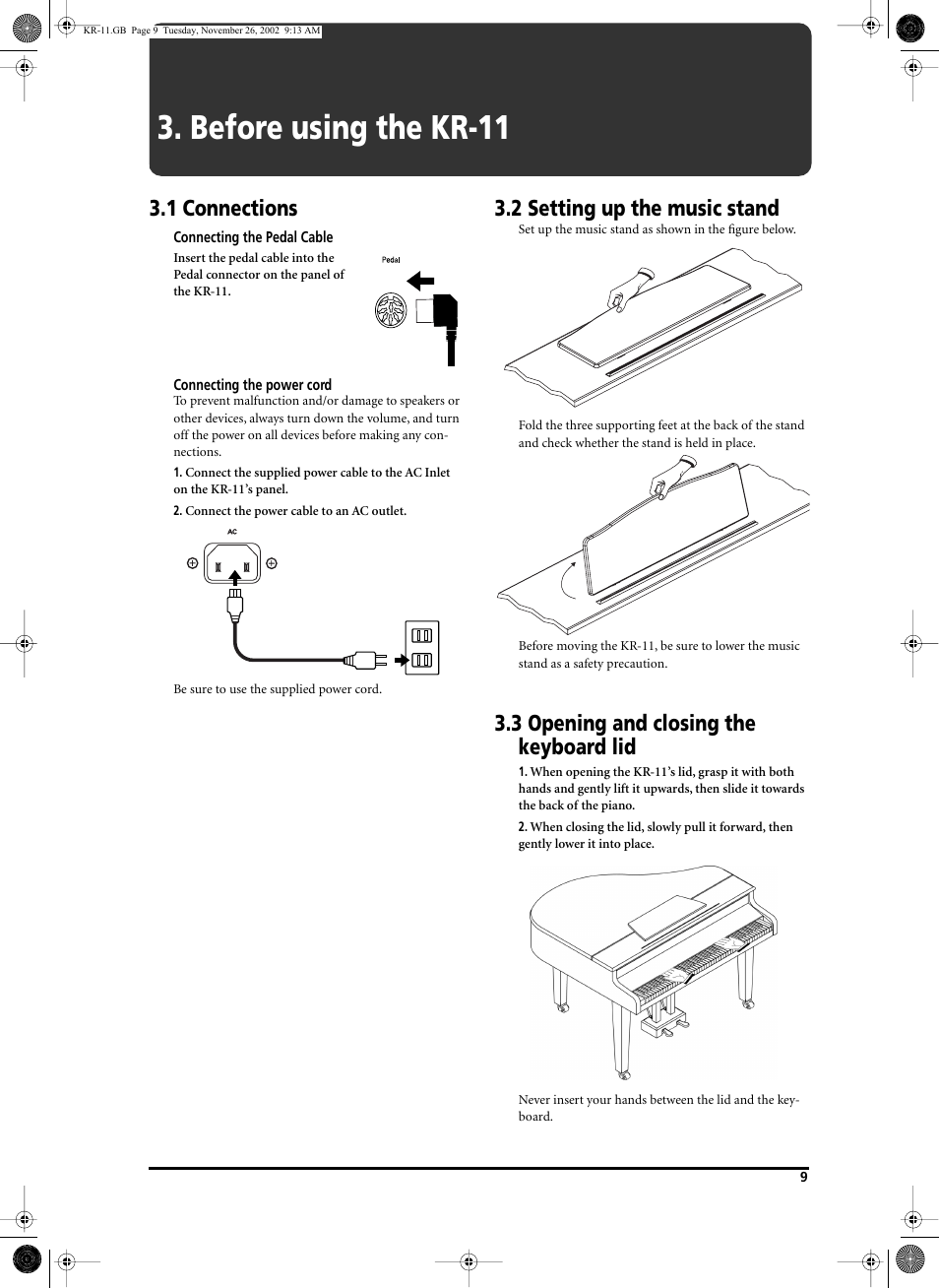 Before using the kr-11, 1 connections, 2 setting up the music stand | 3 opening and closing the keyboard lid | Roland KR-11 User Manual | Page 9 / 64