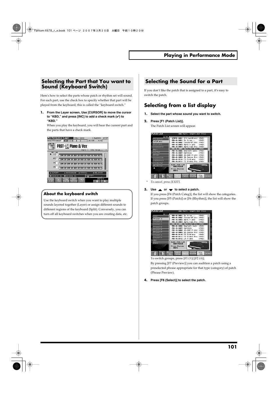 Selecting the sound for a part, Selecting from a list display, 101 playing in performance mode | Roland X-6 User Manual | Page 101 / 348