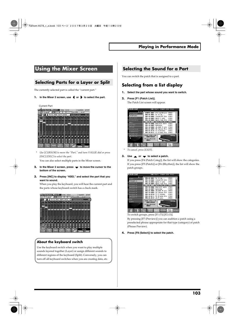 Using the mixer screen, Selecting parts for a layer or split, Selecting the sound for a part | Selecting from a list display, 103 playing in performance mode | Roland X-6 User Manual | Page 103 / 348
